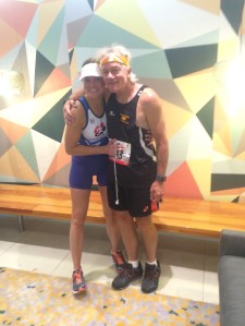 Kim Pursley with running comrade, Paul Knight, 30 minutes before start of the Carlton Classic Marathon, Sunday, February 8, 2015, 11:00 a.m. Start Time 